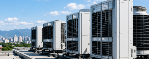 Rooftop industrial HVAC with city view